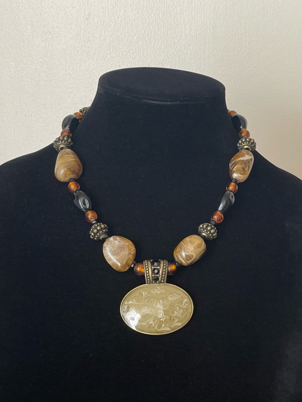Chico's Brown and Black Beaded Pendant Necklace Boho